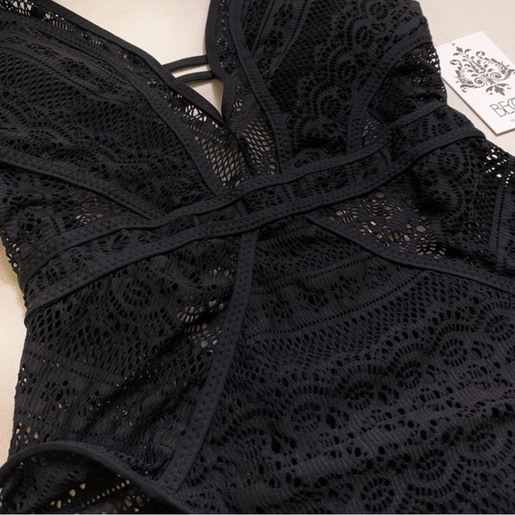 BECCA Color Play Crochet Plunge One Piece Swimsuit w/ Tie Back — MEDIUM — Black - Picture 10 of 15